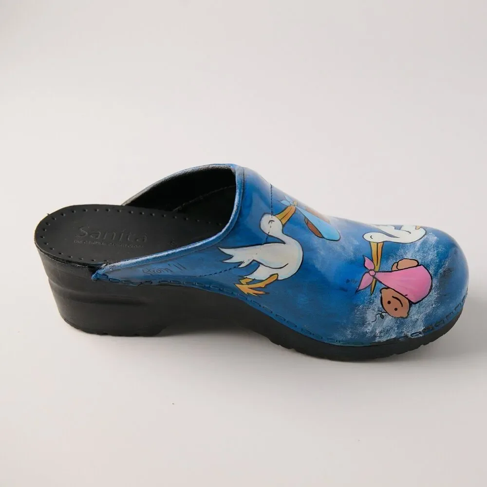 Sanita Hand Painted Stork Baby Clogs Sz 37 EU Nurse RN Midwife Shoes Denmark - Picture 12 of 15